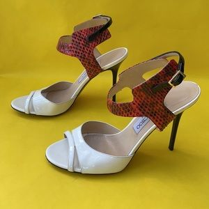 Jimmy Choo White Patent Leather Sandals with Red Snakeskin Ankle Strap